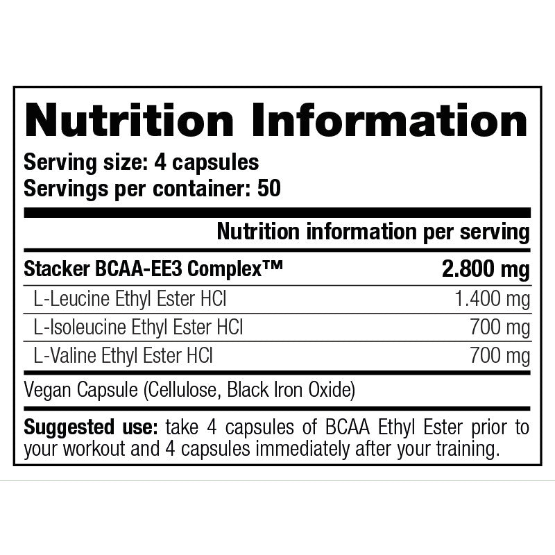 BCAA Ethyl Ester Ephedra Vrij - Stacker 2 • 198 capsules (50 servings) • Aminozuren & Herstel - supplement facts, dosering en samenstelling