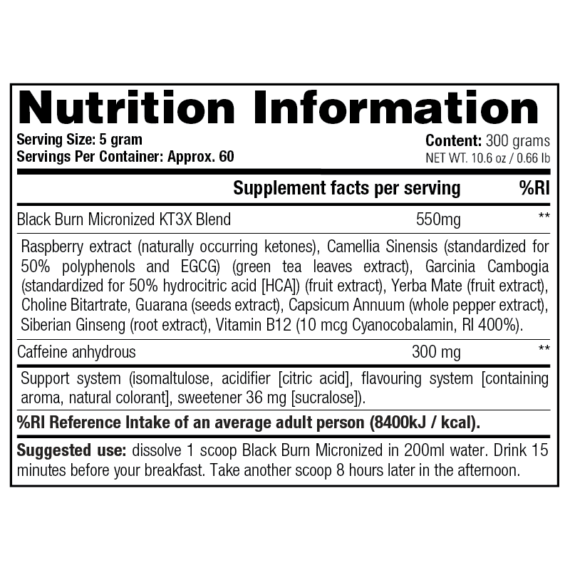 Black Burn Micronized - Stacker 2 • 300 gram  • Afslanken & Vetverbranden - supplement facts, dosering & samenstelling