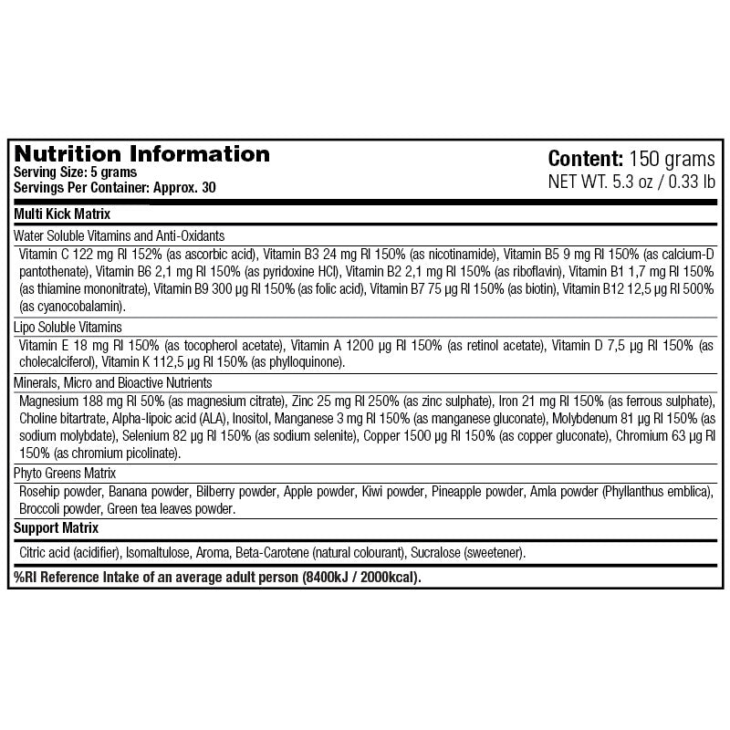 Multi Kick - Stacker 2 • 150 gram (30 servings) • Gezondheid - supplement facts, dosering en samenstelling