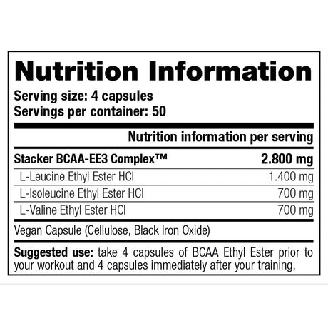 BCAA Ethyl Ester Ephedra Vrij - Stacker 2 • 198 capsules (50 servings) • Aminozuren & Herstel - supplement facts, dosering en samenstelling