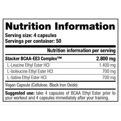 BCAA Ethyl Ester Ephedra Vrij - Stacker 2 • 198 capsules (50 servings) • Aminozuren & Herstel - supplement facts, dosering en samenstelling