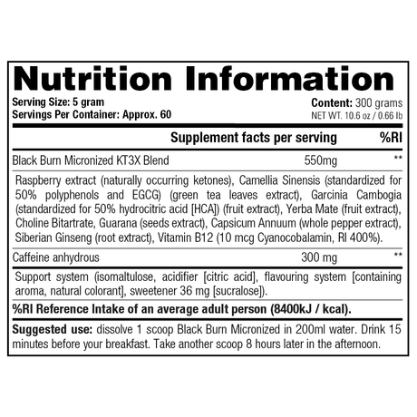 Black Burn Micronized - Stacker 2 • 300 gram  • Afslanken & Vetverbranden - supplement facts, dosering & samenstelling