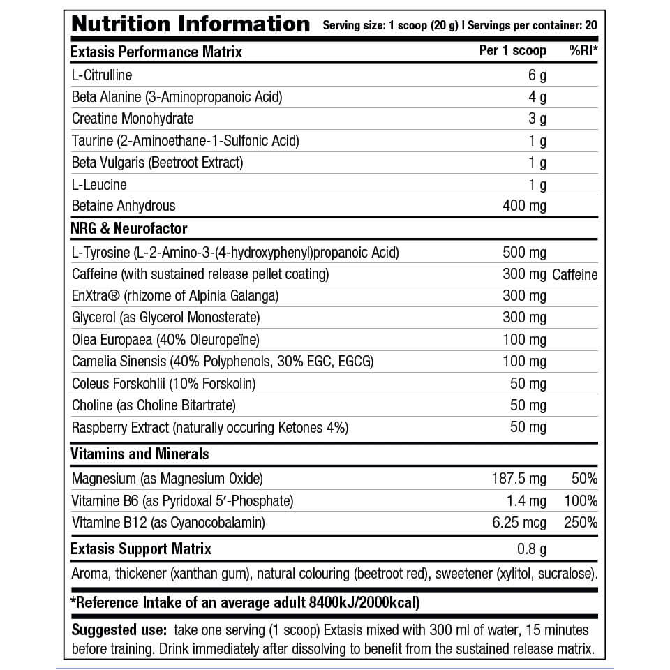 Extasis - Stacker 2 • 400 gram (20 servings) • Pre-workout / Training - Supplement facts, dosering en samenstelling