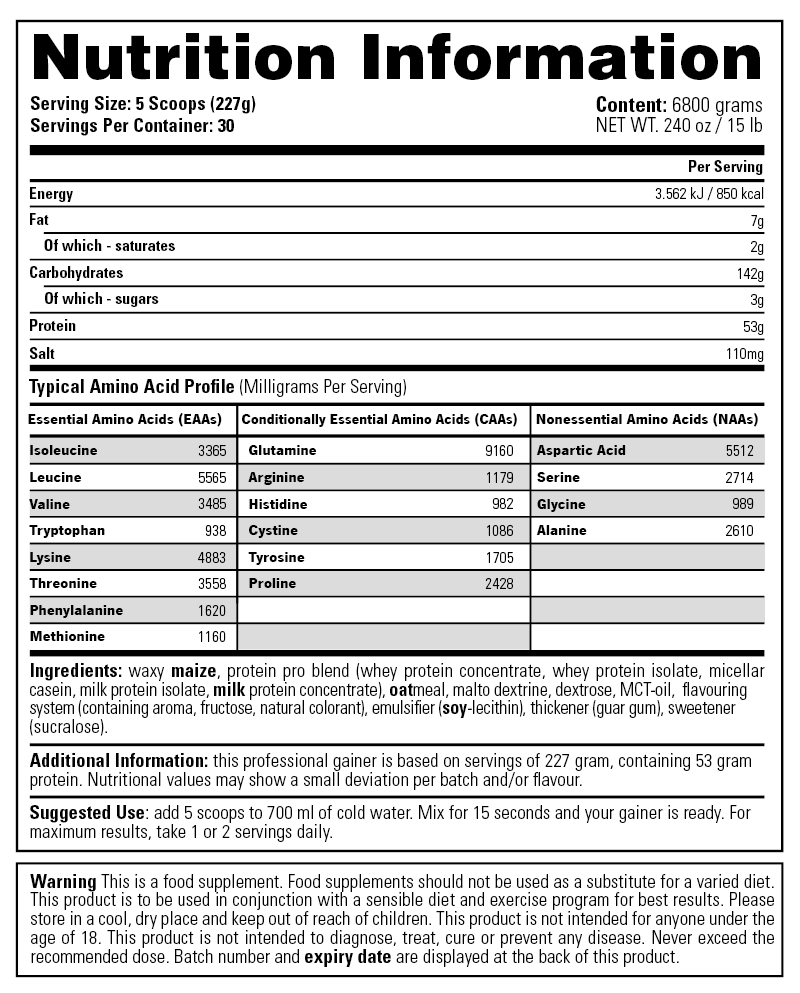 Giant Mass Gainer - Stacker 2 • 6800 gram • Eiwit & Gewichtstoename - packshot - Supplement facts, dosering & samenstelling