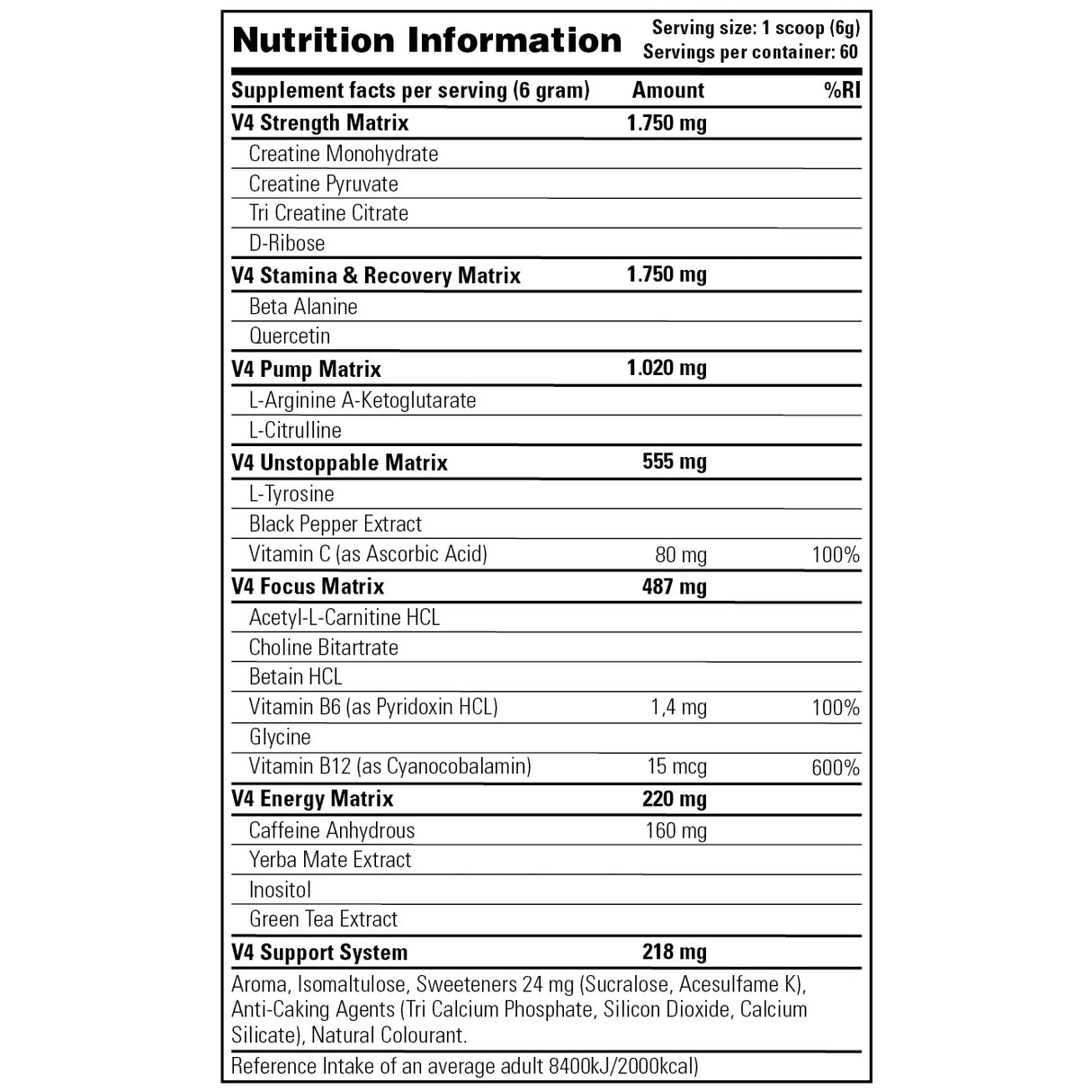 Rush V4 - Stacker 2 • 180 / 360 gram (30 - 60 servings) • Pre-workout / Training - Supplement facts, dosering en samenstelling