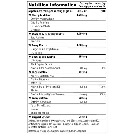 Rush V4 - Stacker 2 • 180 / 360 gram (30 - 60 servings) • Pre-workout / Training - Supplement facts, dosering en samenstelling