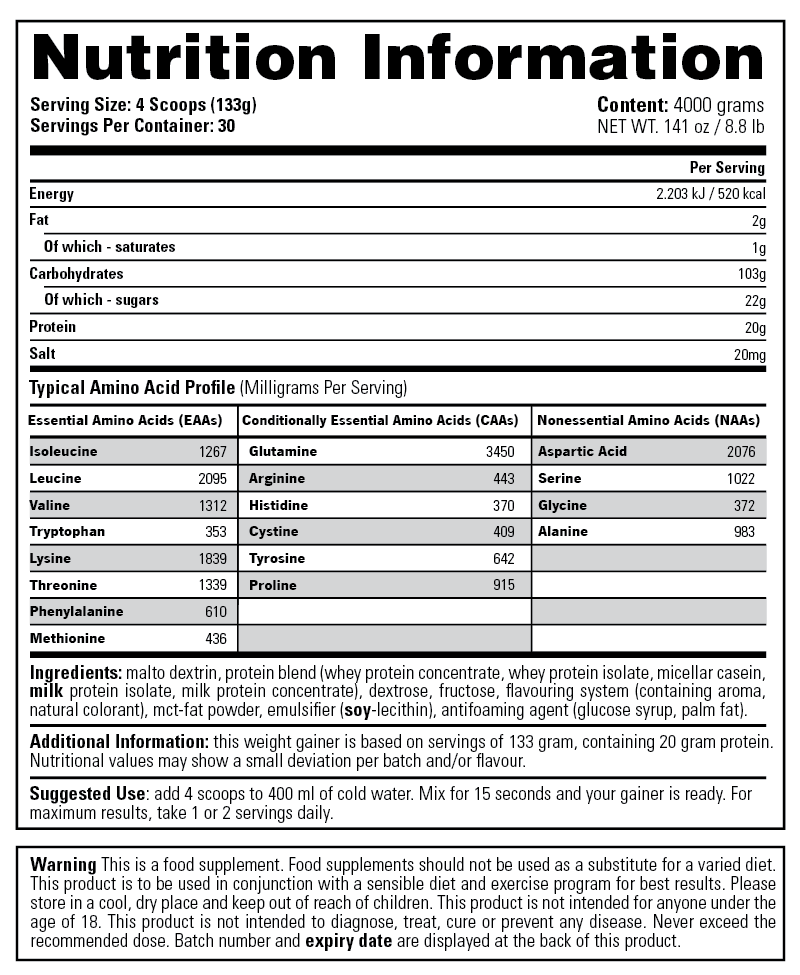 Ultra Mass Xtreme - Stacker 2 • 4000 gram (30 servings) • Eiwit & Gewichtstoename - supplement facts, dosering & samenstelling