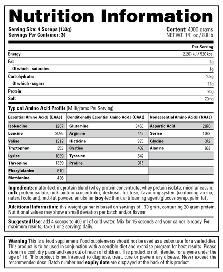 Ultra Mass Xtreme - Stacker 2 • 4000 gram (30 servings) • Eiwit & Gewichtstoename - supplement facts, dosering & samenstelling